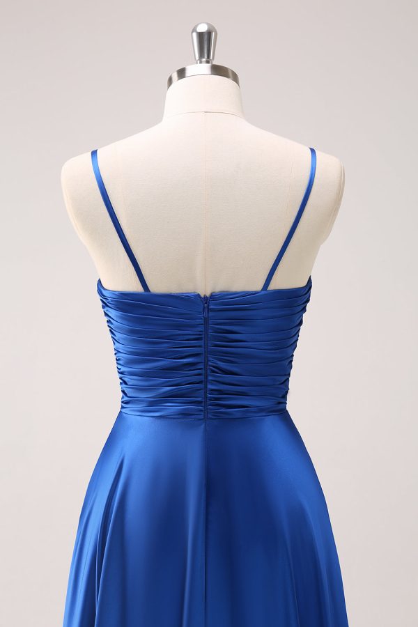 Ink Blue Spaghetti Straps Satin Bridesmaid Dress with Slit Sale