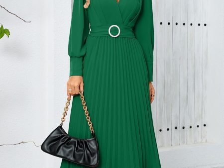 Green A Line V-Neck Long Cocktail Dress with Long Sleeves For Sale