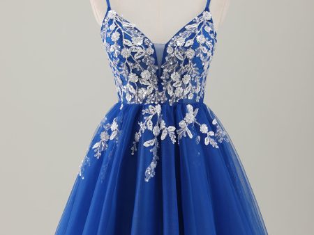 Royal Blue Spaghetti Straps Short Homecoming Dress with Appliques on Sale