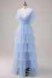 Grey Blue A-Line V Neck Tiered Tulle Long Bridesmaid Dress with Slit Online Hot Sale