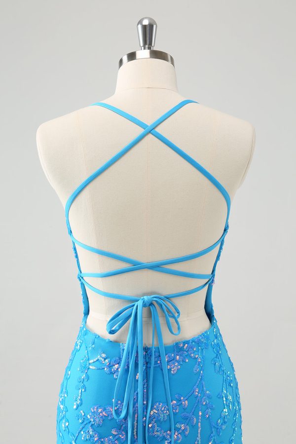 Sparkly Sky Blue Tight Short Homecoming Dress with Lace-Up Back For Cheap