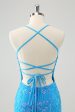 Sparkly Sky Blue Tight Short Homecoming Dress with Lace-Up Back For Cheap