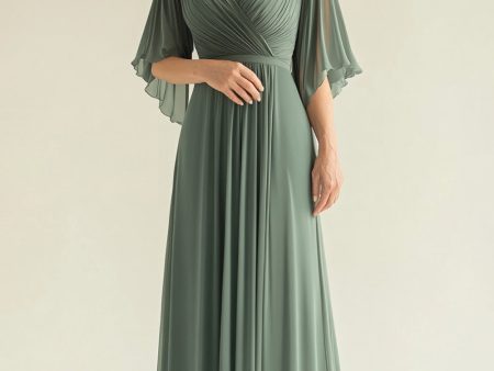 Agave Chiffon Pleated Flare Sleeves V Neck Mother of The Bride Dress For Cheap