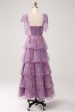 A Line Tiered Purple Printed Tea-Length Long Prom Dress For Sale