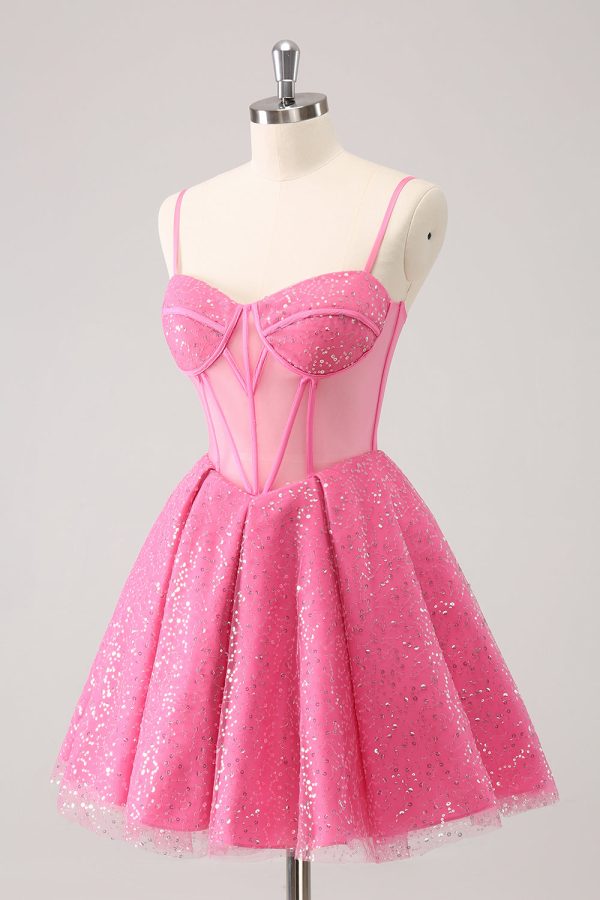 Pink A-Line Spaghetti Straps Corset Cocktail Dress with Sequins Sale