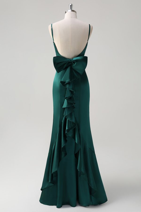 Dark Green Mermaid Spaghetti Straps Satin Bow Ruffle Long Bridesmaid Dress Online Hot Sale