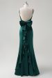 Dark Green Mermaid Spaghetti Straps Satin Bow Ruffle Long Bridesmaid Dress Online Hot Sale