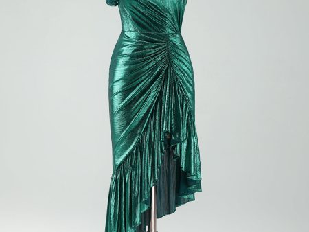 Dark Green Metallic One Shoulder Mermaid Cocktail Dress with Ruffles Hot on Sale