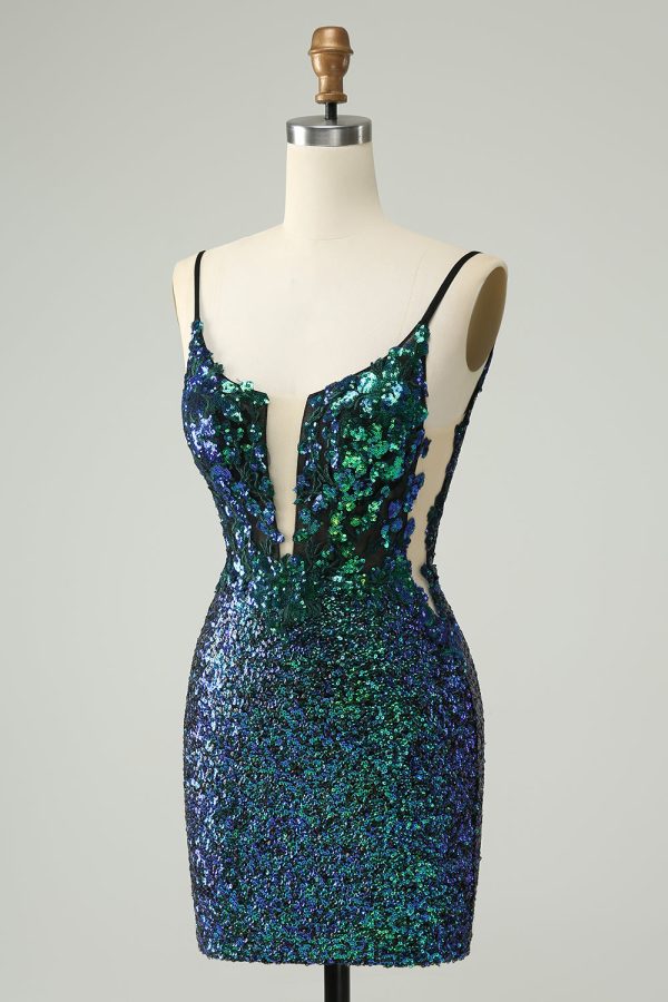 Sparkly Dark Green Spaghetti Straps Tight Short Homecoming Dress with Sequins Supply