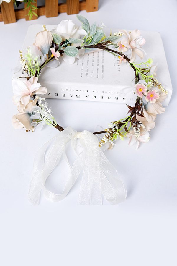 Champagne Floral Wreath Garland Bride Headband with Ribbon Hot on Sale