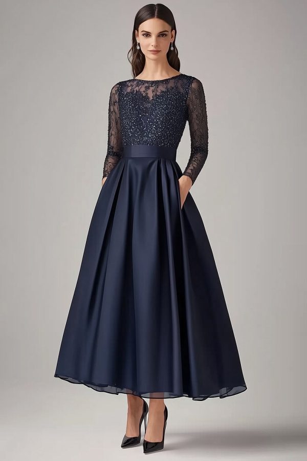 Sparkly Navy Beaded A Line Long Sleeves Mother Of the Bride Dress with Lace Supply