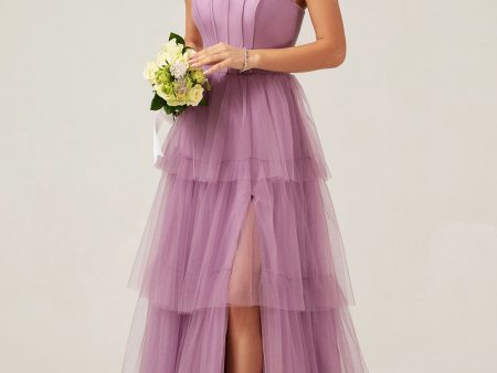 Detachable Straps A Line Purple Tiered Long Bridesmaid Dress Cheap