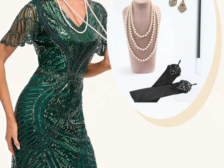 Beading Dark Green Glitter Fringes Flapper Dress with Accessories Set For Sale