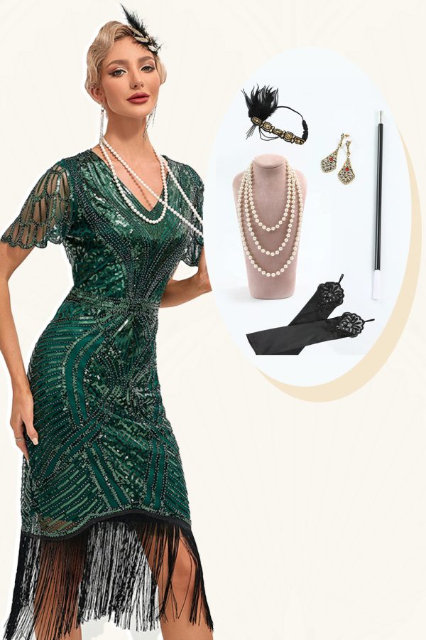 Beading Dark Green Glitter Fringes Flapper Dress with Accessories Set For Sale