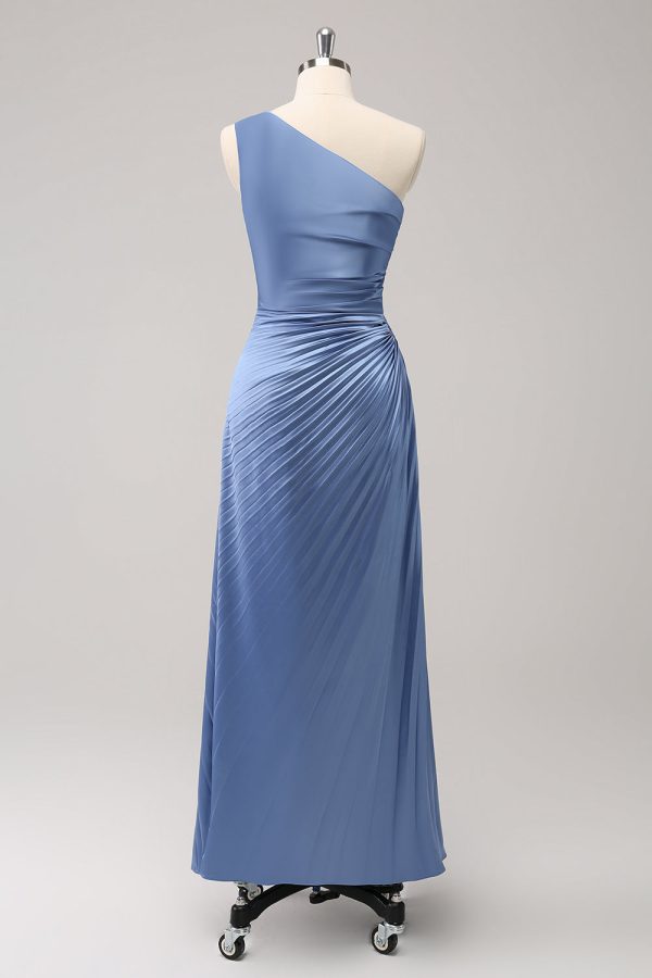 Blue One Shoulder Satin Keyhole Long Bridesmaid Dress Discount