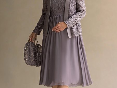 Vintage Mauve A-Line Scoop Lace Top Chiffon Knee Length Mother of the Bride Dress with Lace Jacket Supply