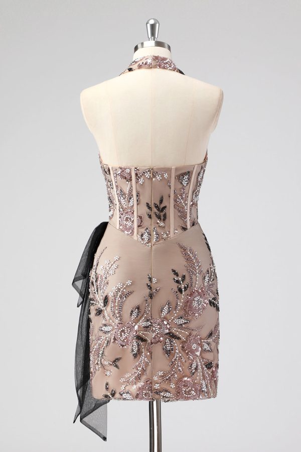 Glitter Halter Blush Corset Tight Appliques Short Cocktail Dress with Beading Discount