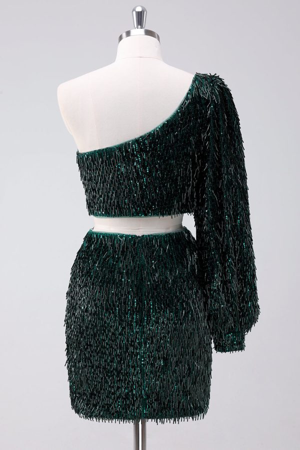 Sparkly Dark Green One Shoulder Tight Short Homecoming Dress with Tassels Online Hot Sale