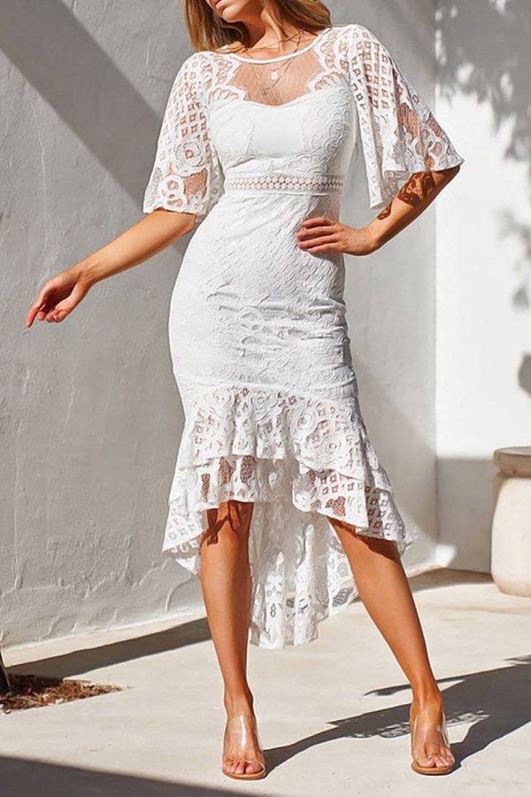 White Mermaid Lace Midi Dress With Half Sleeves Discount