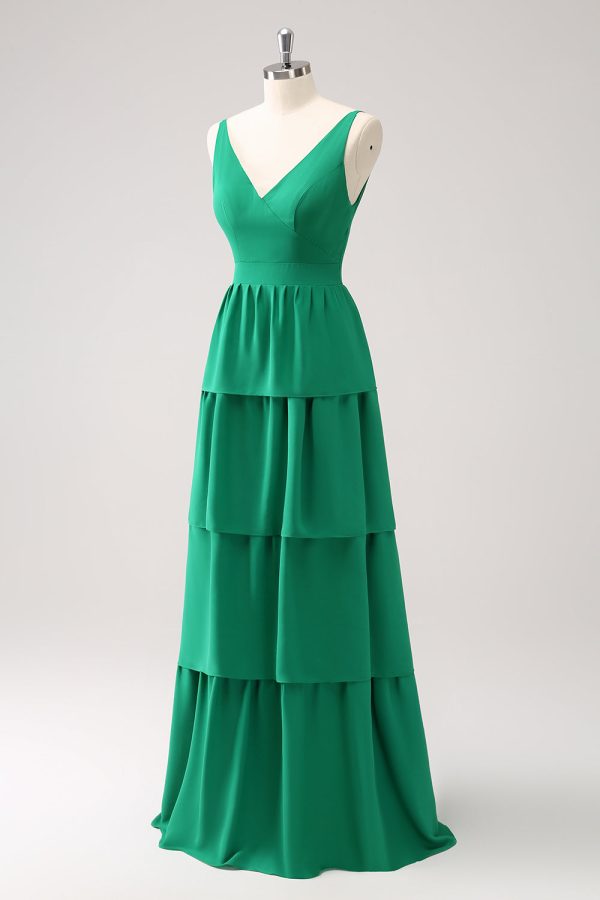 Green A-Line V-Neck Tiered Long Bridesmaid Dress Online now