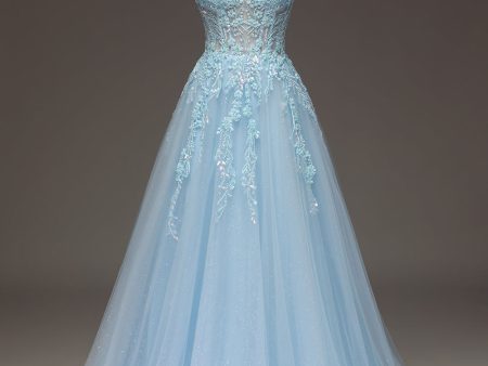 A Line Light Blue Sequin Spaghetti Straps Prom Dress With Appliques For Cheap