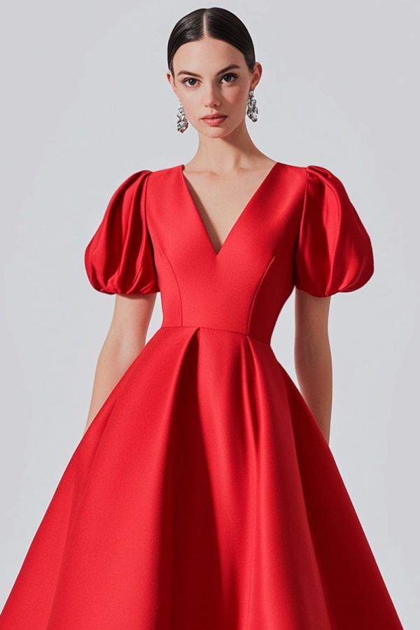 Red A Line Satin Formal Dress with Puff Sleeves For Discount