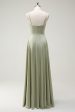 Dusty Sage A Line Satin Spaghetti Straps Long Bridesmaid Dress For Discount