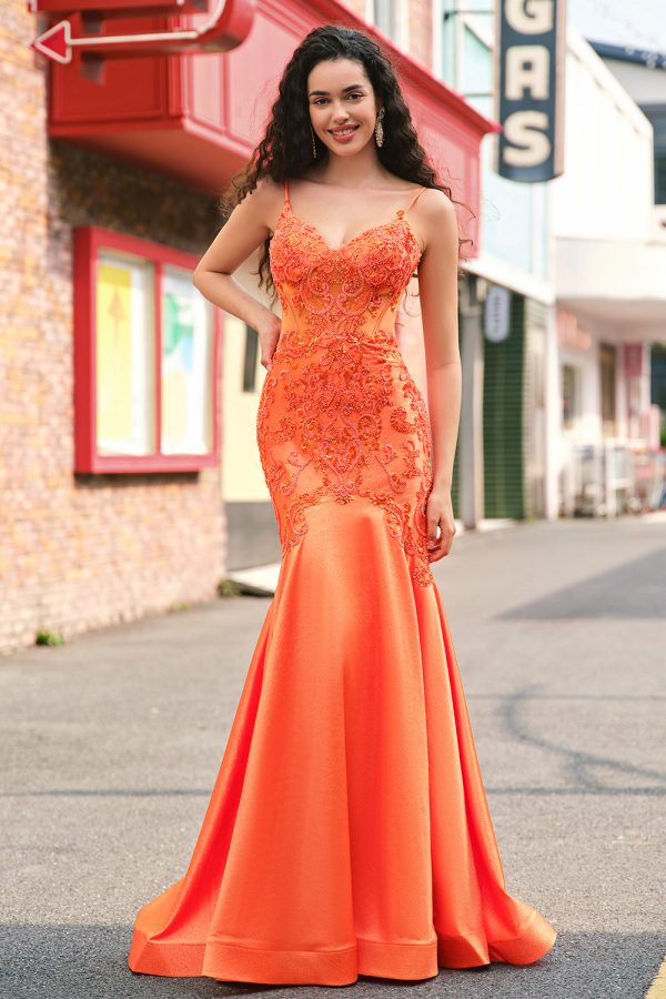 Orange Mermaid Corset Spaghetti Straps Beaded Long Prom Dress Fashion