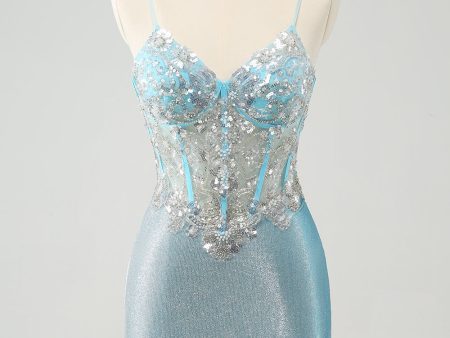 Light Blue Spaghetti Straps Tight Corset Short Homecoming Dress with Sequins Online