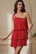 Red One Shoulder Pleated Tiered Sheath Short Party Dress Supply