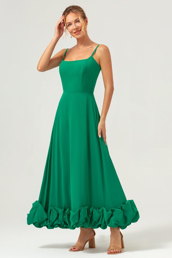 Elegant Green A Line Spaghetti Straps Chiffon Long Bridesmaid Dress on Sale