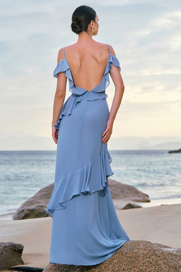 Blue Cold Shoulder Chiffon Bridesmaid Dress with Ruffles Online