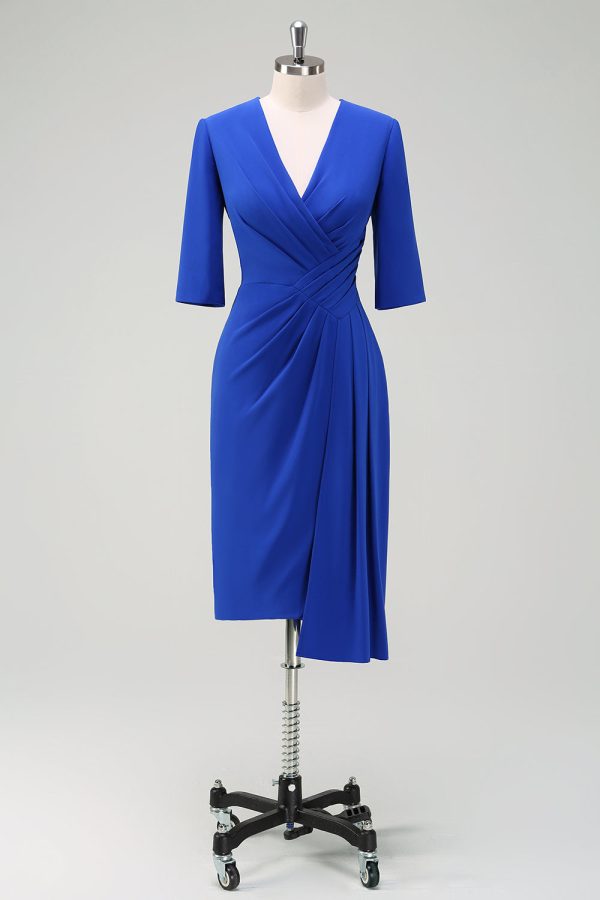 Royal Blue V-Neck Pleated Bodycon Cocktail Party Dress For Cheap