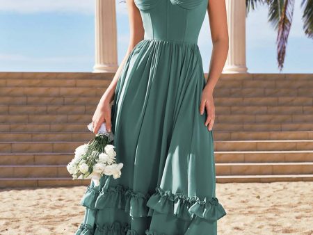 Eucalyptus A-Line Corset Ruched Chiffon Long Bridesmaid Dress with Slit Hot on Sale