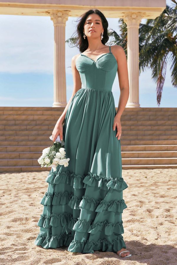 Eucalyptus A-Line Corset Ruched Chiffon Long Bridesmaid Dress with Slit Hot on Sale