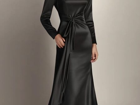 Black Mermaid Long Sleeves Satin Ruched Long Mother of the Bride Dress Online now