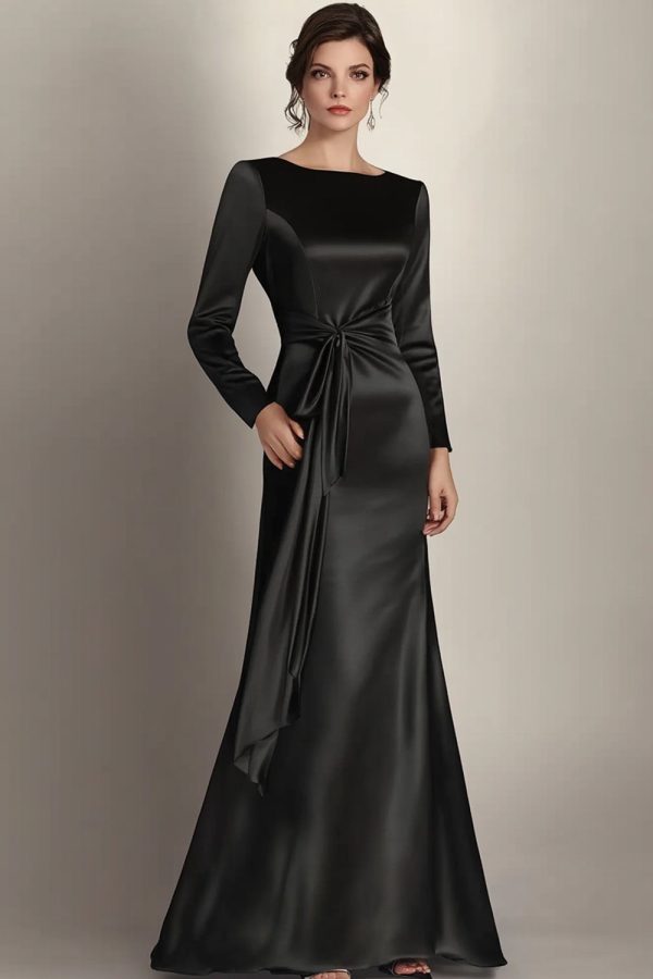 Black Mermaid Long Sleeves Satin Ruched Long Mother of the Bride Dress Online now