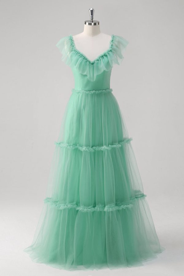 Green A Line V-Neck Tiered Tulle Bridesmaid Dress Online