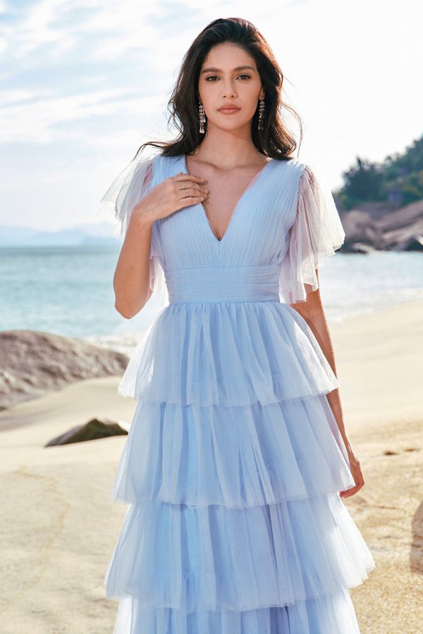 Grey Blue A-Line V Neck Tulle Long Tiered Bridesmaid Dress with Slit Hot on Sale