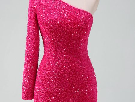 Sparkly Fuchsia One Shoulder Sequin Tight Short Homecoming Dress with Fringe For Sale