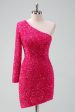 Sparkly Fuchsia One Shoulder Sequin Tight Short Homecoming Dress with Fringe For Sale