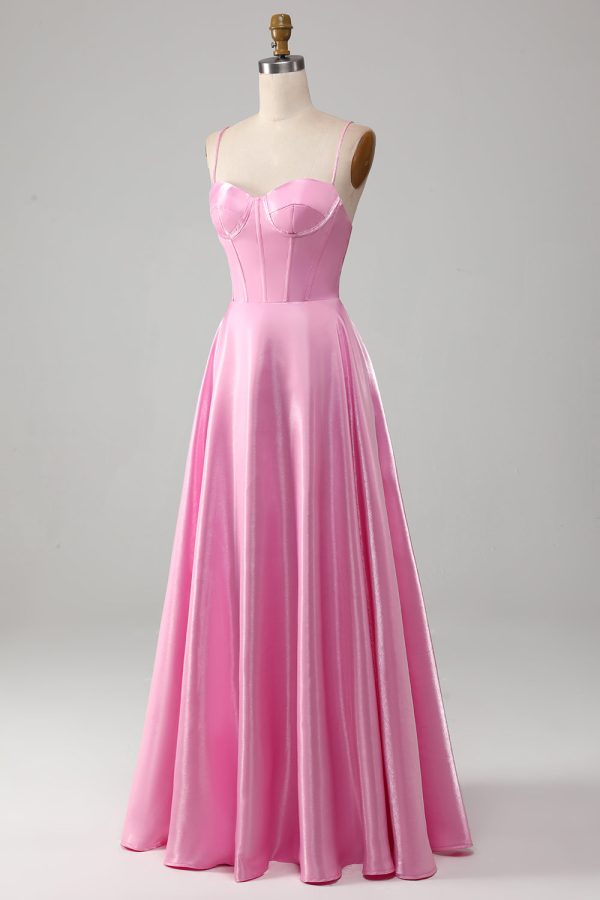 A-Line Spaghetti Straps Pink Corset Prom Dress Online