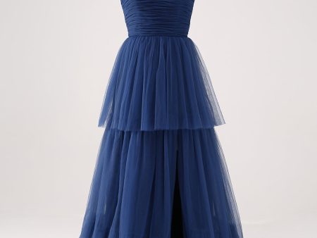 A Line Spaghetti Straps Tiered Tulle Pleated Prom Dress with Slit Online