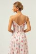 White Red Floral A Line Spaghetti Straps Corset Long Bridesmaid Dress Hot on Sale