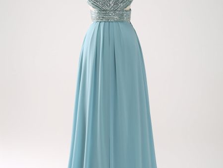 Grey Green V Neck A-Line Sequins Chiffon Long Bridesmaid Dress Sale