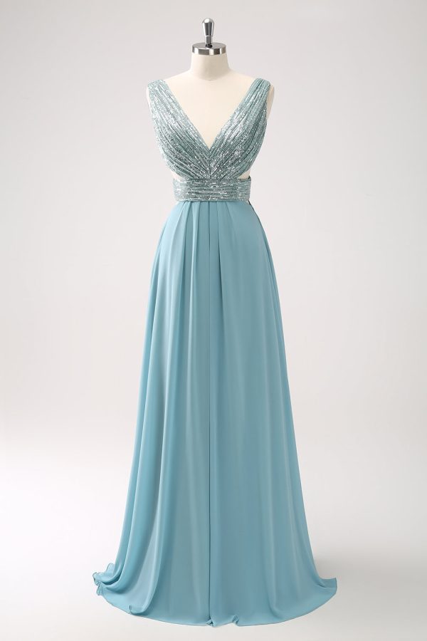 Grey Green V Neck A-Line Sequins Chiffon Long Bridesmaid Dress Sale