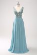 Grey Green V Neck A-Line Sequins Chiffon Long Bridesmaid Dress Sale