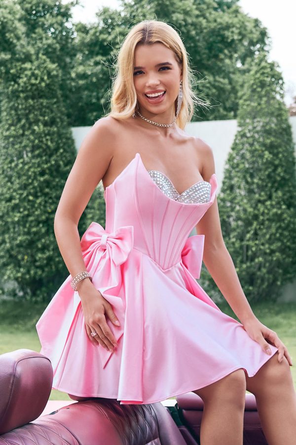 Cute Pink A Line Strapless Beaded Corset Ruffle Homecoming Dress with Bows Online now