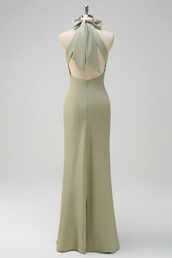 Elegant Sage Halter Mermaid Satin Floor Length Bridesmaid Dress Online Sale