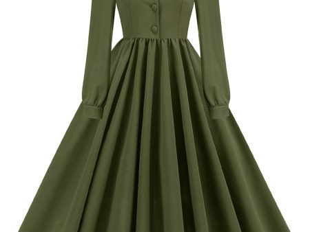 Army Green Notched Lapel Pleated 1950s Dress with Long Sleeves Online